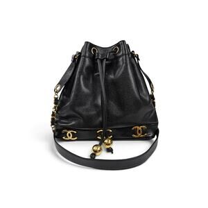 Vintage 90's Chanel Large Triple CC Bucket Bag Black Caviar Leather